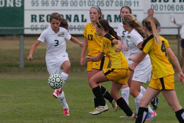 Seventh grader Katie Pierce steals the ball from the opponents.