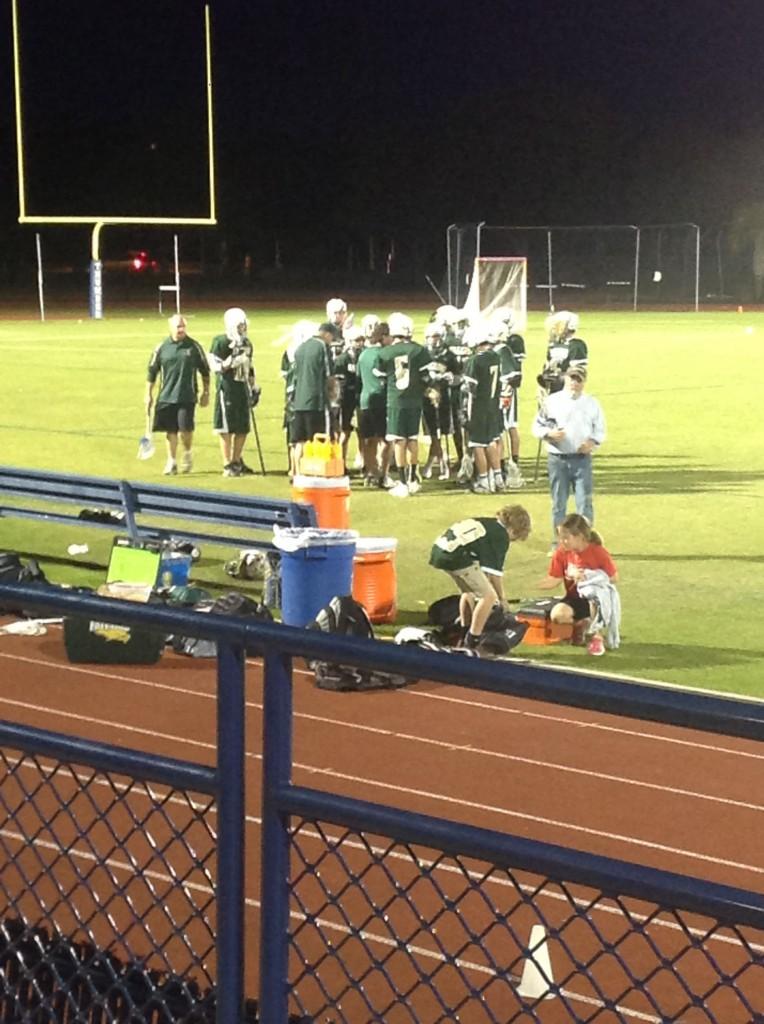 The Falcons huddle up during a timeout during Monday nights game.