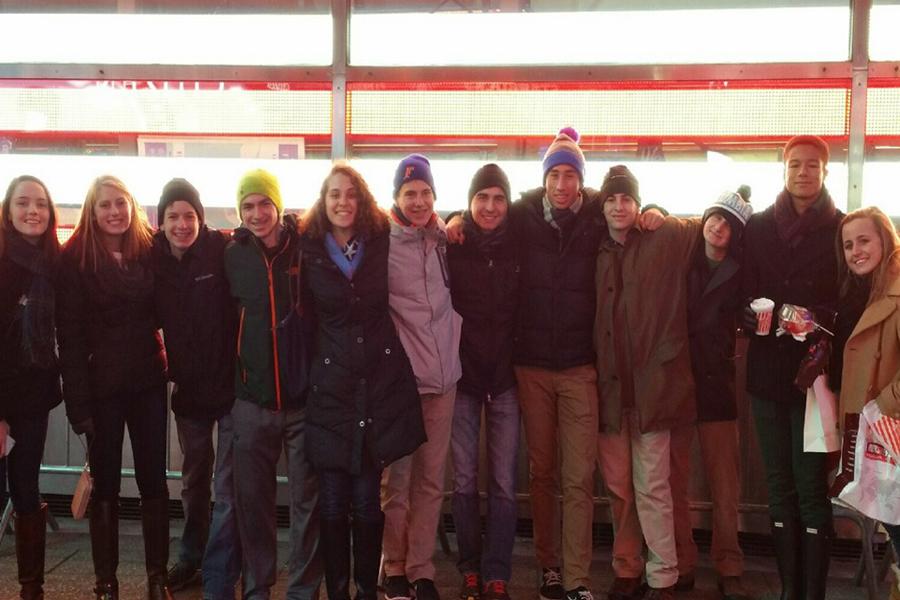 The Columbia Model United Nations team poses for a photo in Times Square. From left to right: Paige Lindsay '15, Dylan Patterson '15, Alex Siegel '17, Trevor Donnelly '17, Devon Sullivan '16, Hayes Chatham '18, Tim Macchi '15, Andrew Zandomenago '15, Ethan Leuchter '16, Joe Class '16, Henry Wallace '17 and Grace Horn '16.