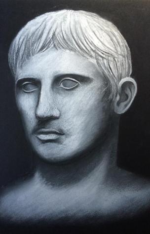 A white charcoal drawing by Alexa of Augustus, the first emperor of Rome.  Drawn for a Latin club competition.