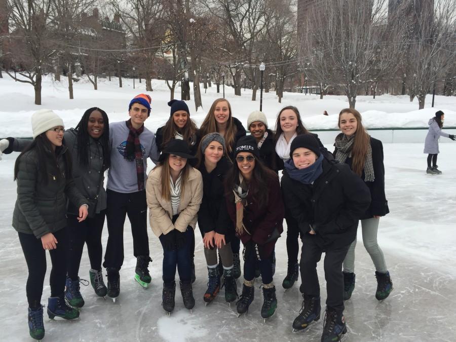 The Harvard Model Congress Team stops to take a group photo while celebrating senior Jane Lindsays birthday on the ice.