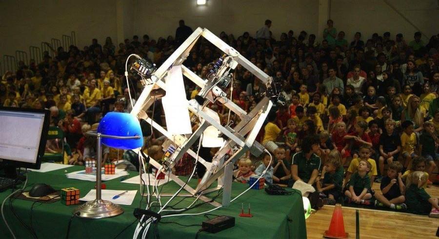 Senior Zack Gromkos robot that broke the Guinness World Record for solving the Rubiks Cube. 