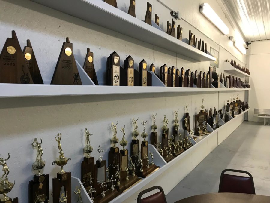 The new trophy room in above the gym demonstrates the achievements of Falcon athletics over the years.  