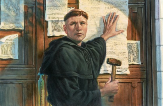 An artists depiction of Martin Luther nailing his 95 Theses to the church door.