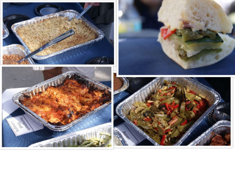 Mac n cheese, vegetarian sandwich, lasagna, and sauteed vegetables.