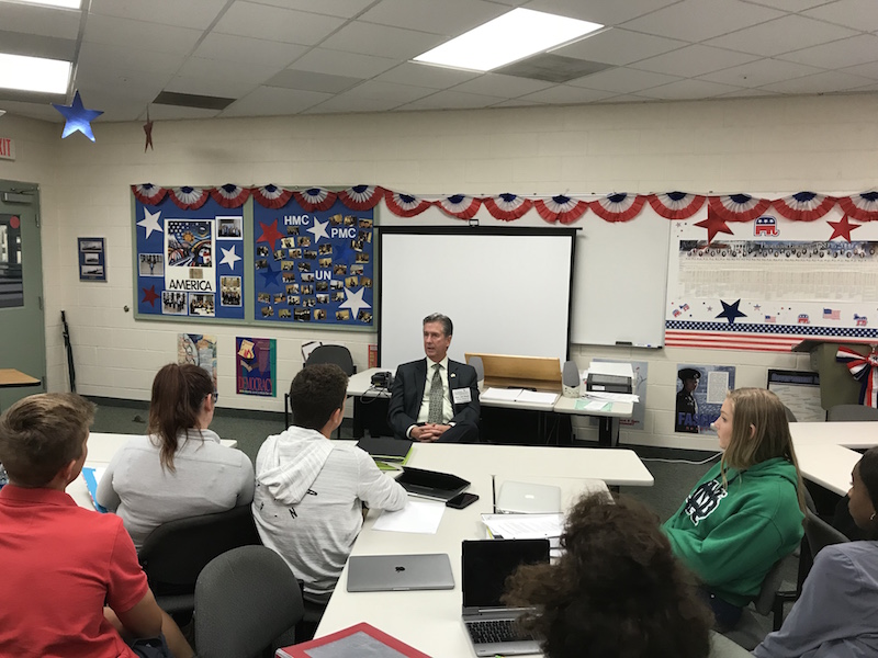 Jim Boyd, a Republican member of the Florida House of Representatives, visited Ms. Murphys US Government class.  They discussed his job and the current state of Florida politics. Mr. Boyd represents Western Manatee and Sarasota counties.