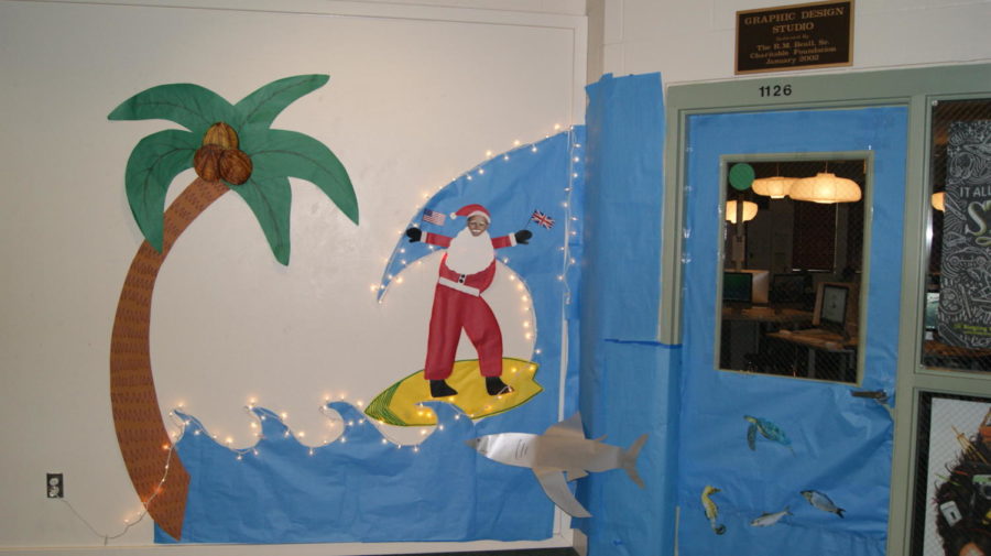 Ms.+Gradys+door+took+the+regional+approach+toward+this+years+advisory+door+decoration+contest+with+a+Santa+surf+scene.