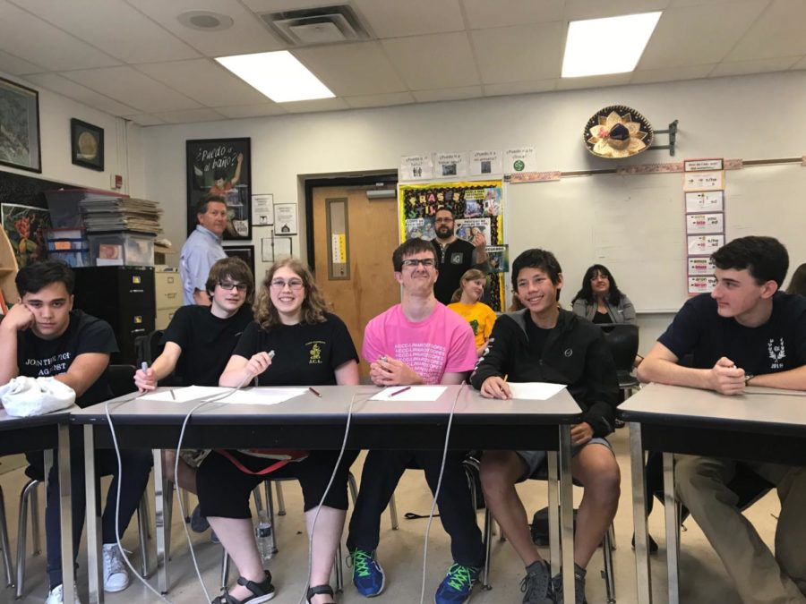 The SSES advanced B team, made up of sophomores Kassandra Haakman, Paul Williams, Thomas Joyce, and Tyler Popp prepare for its next round of certamen.