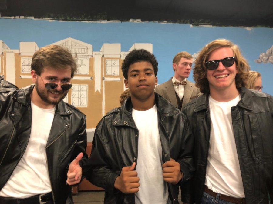 A Grease rehearsal from the 2018 Spring musical. Pictured: Charlie Price (18), Trystan Brown (20), and Cam Vining (20). 