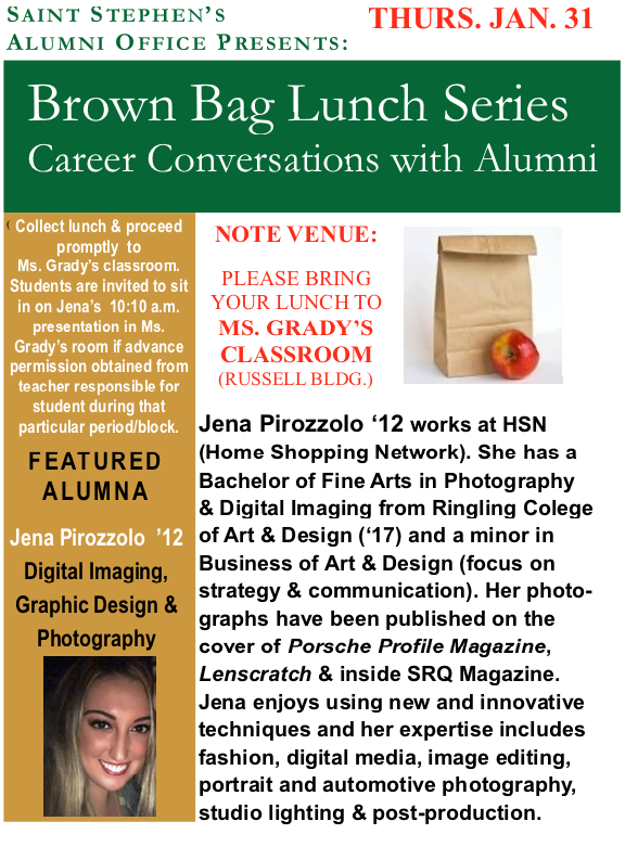 Alumni Jenna Pirozzolo will speak during Ms. Gradys Creative Solutions class Thursday about life in the graphic design world. 
