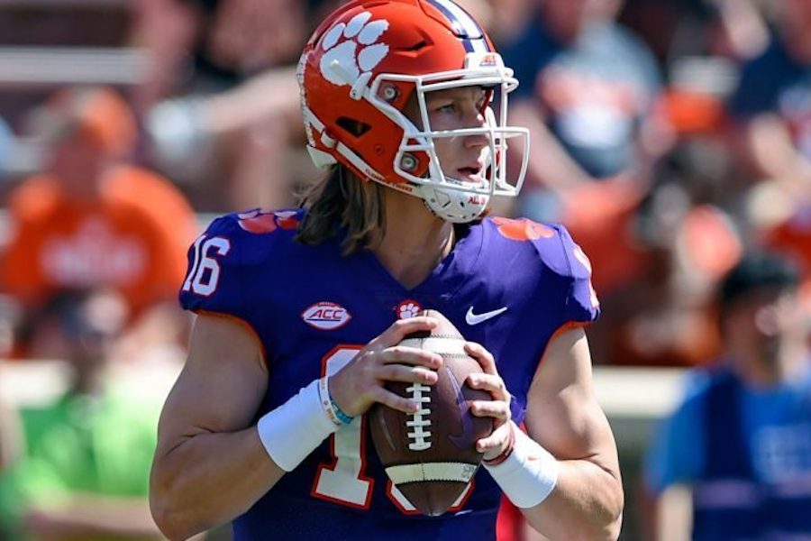 Clemson true freshman QB Trevor Lawrence drops back in the pocket.