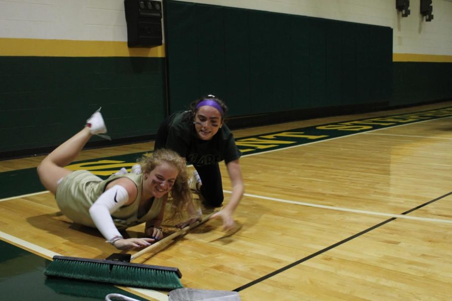 Seniors Cate Mulqueen and Hannah McCurry add a humorous skit to the game.