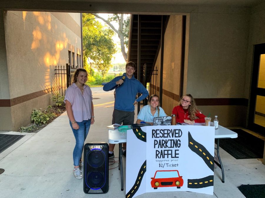 Student Council members in front of the Turner Building on Monday, initiating the fundraiser for Reserved Parking Spots. 