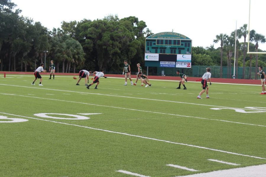 The Saint Stephens middle school football team prepares to defend the opposing team