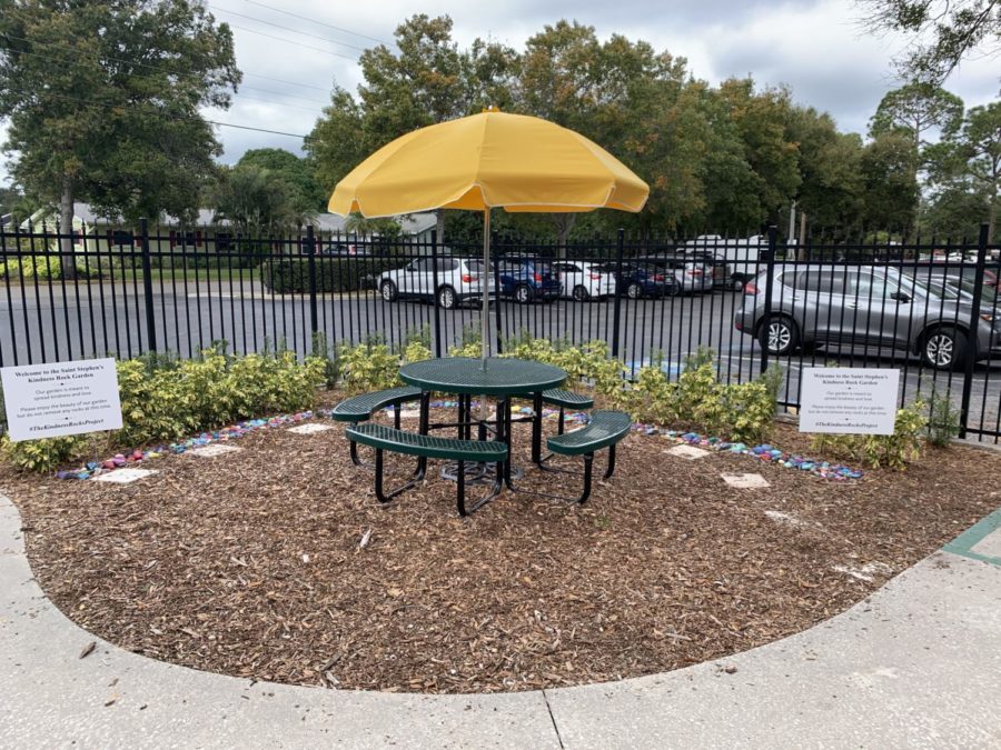 Saint Stephen's first "Kindness Rocks" garden, located outside of the intermediate school, is now in full swing.  Soon, students and staff will be able to "give and take" from the garden.   