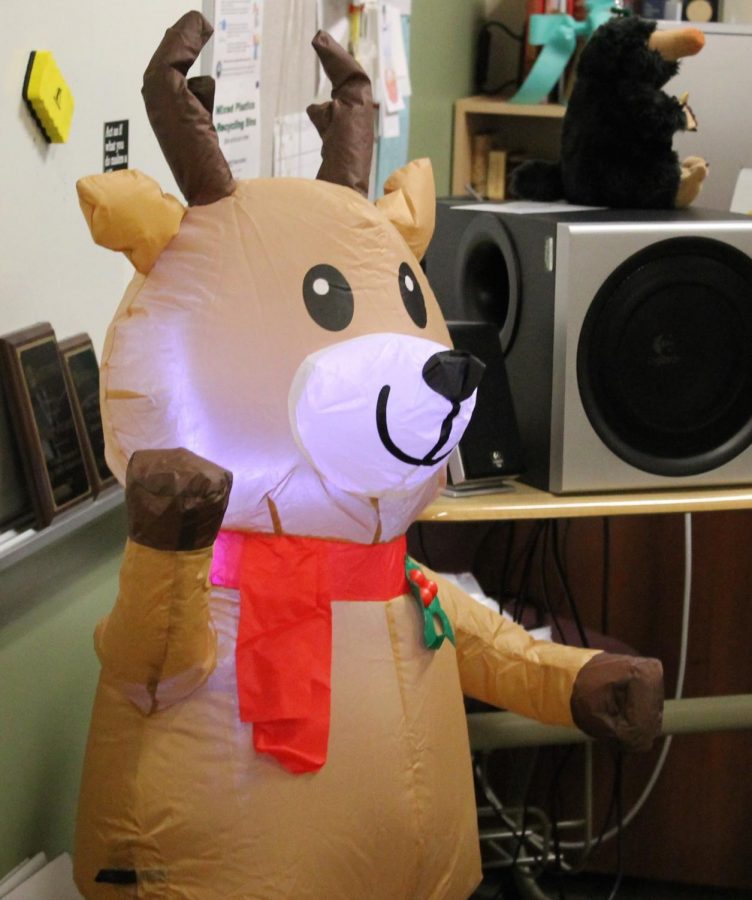 In Mrs. Revards classroom, she has this blowup reindeer! It is sure to bring cheer to her classroom.