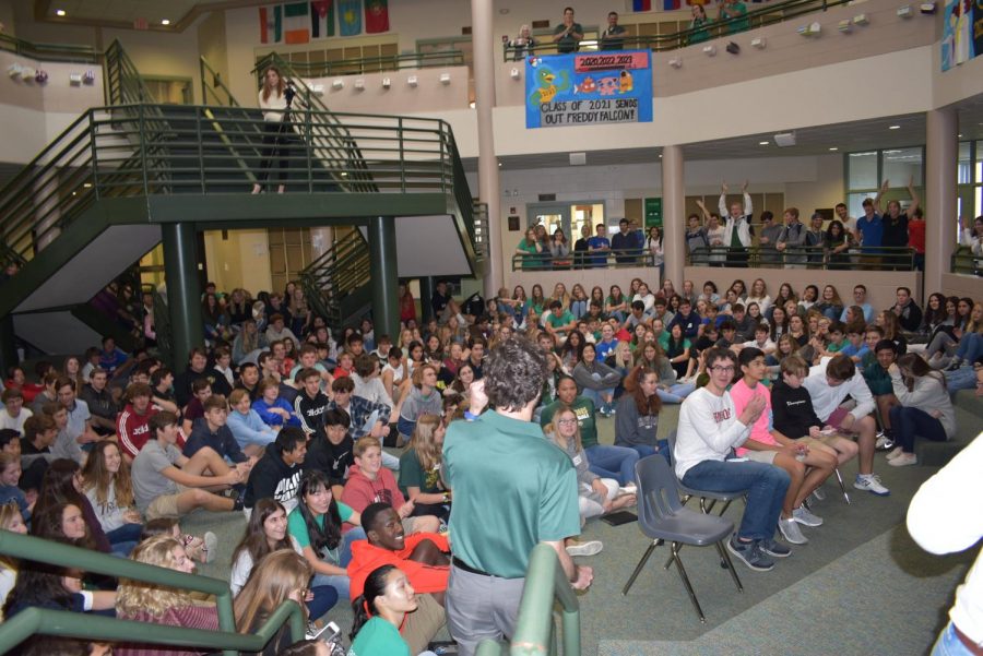 The Falcons went wild as Mr. Borton strutted into the commons after being introduced as the second-round guest player. 