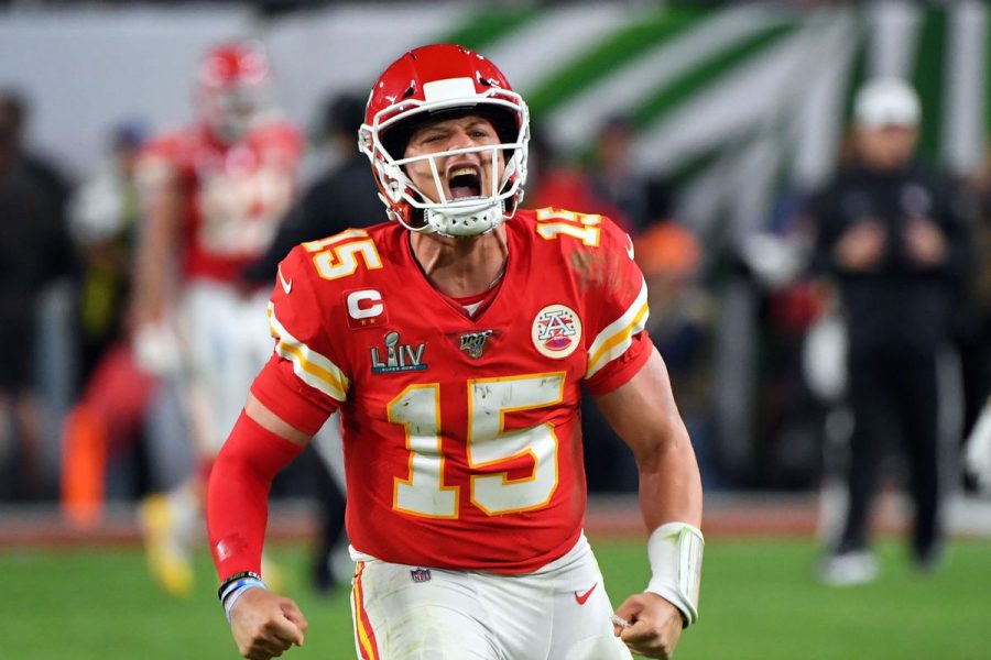 Patrick+Mahomes+II+celebrates+after+winning+Super+Bowl+LIV.+Mahomes+threw+two+touchdowns+and+ran+for+a+third+in+the+Chiefs+31-20+victory.