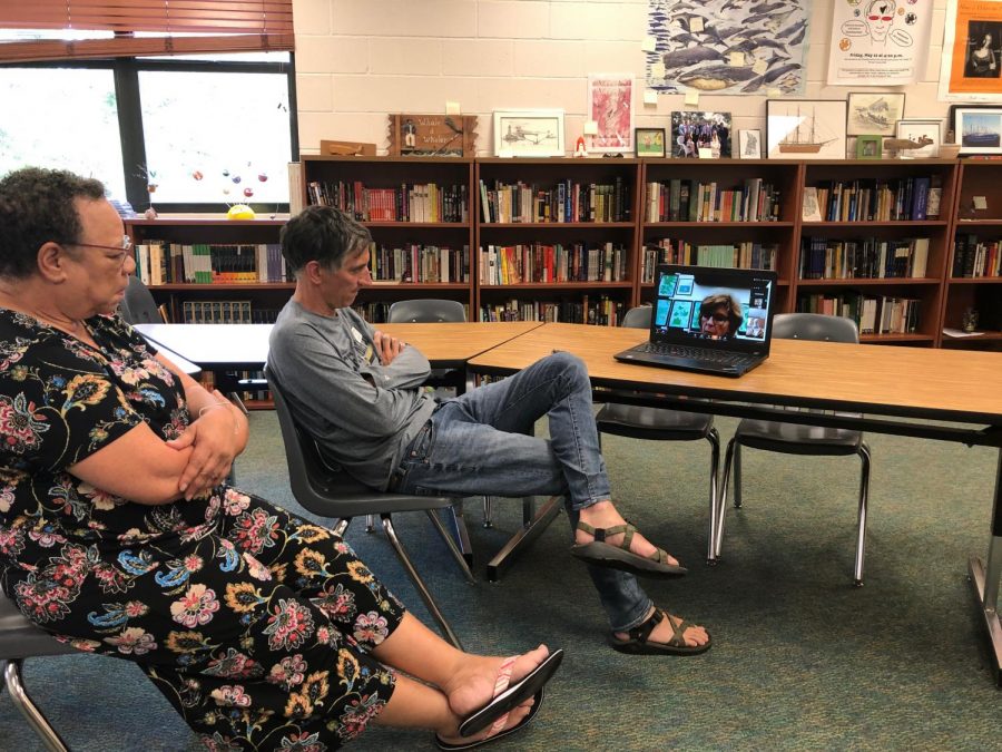 Upper School English teachers conduct a virtual meeting with other faculty members using the videoconference app Zoom.