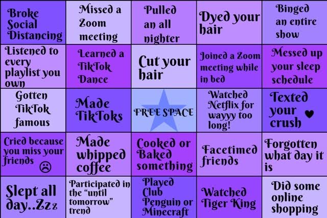 This bingo features 25 things (some normal, others not so much...) you have possibly done during quarantine. 