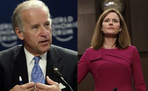 Barrett (right) and Biden (left) are both Catholics, and they've risen to the highest level of their respective branches of government. 