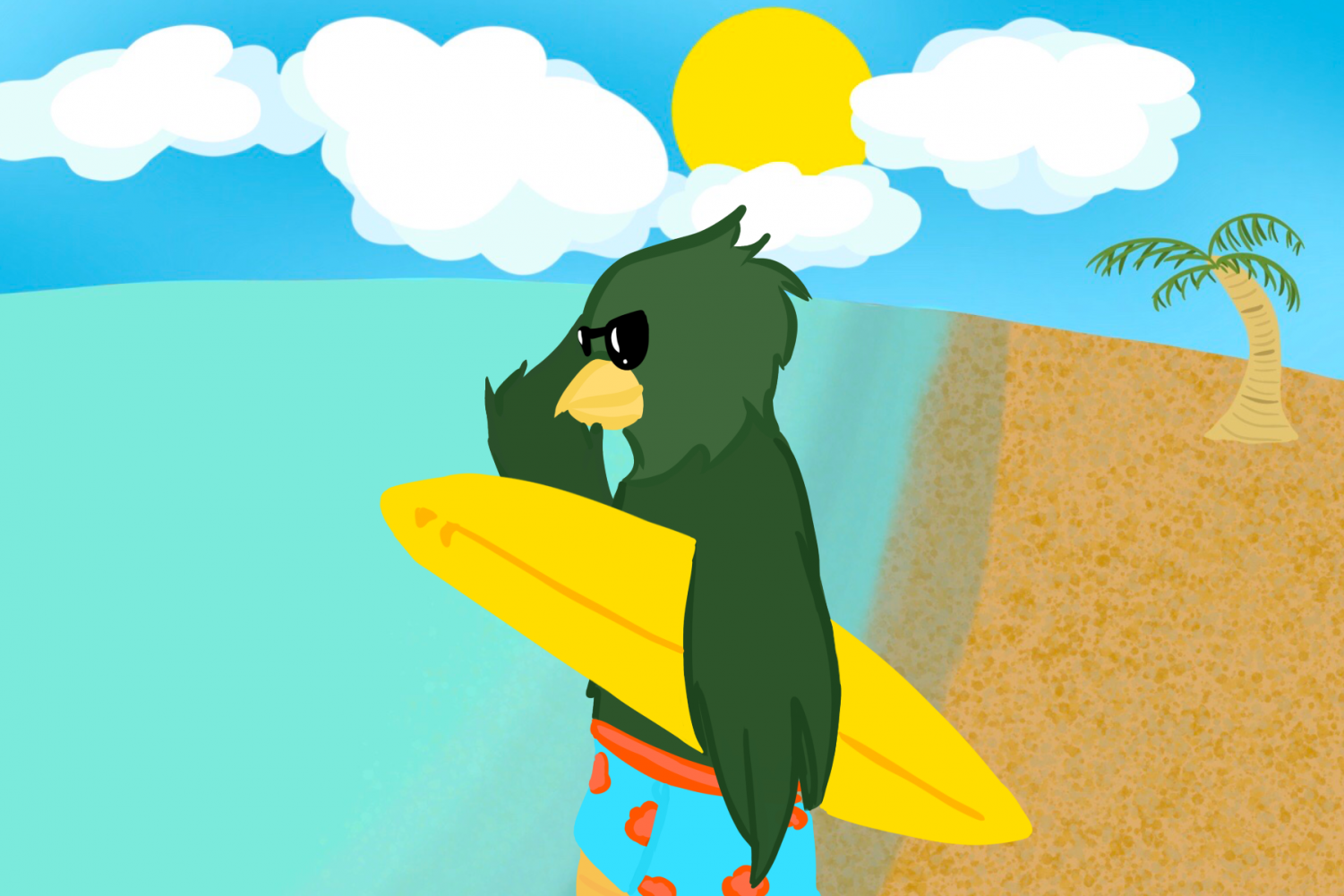 Freddy Falcon went surfing this summer. What did you do? Original artwork by Evanthia Stirou.