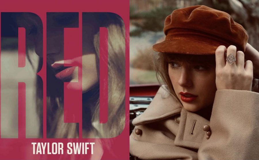 Red+original+album+cover+shown+on+left+and+Red+%28Taylors+version%29+shown+on+right+display+the+evolution+of+Taylor+Swifts+music.+