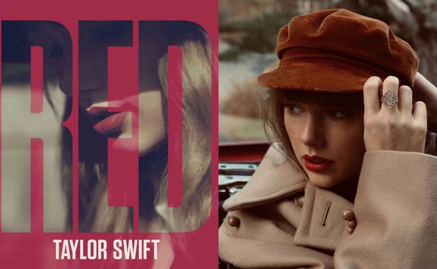 'Red' original album cover shown on left and 'Red (Taylor's version)' shown on right display the evolution of Taylor Swift's music. 