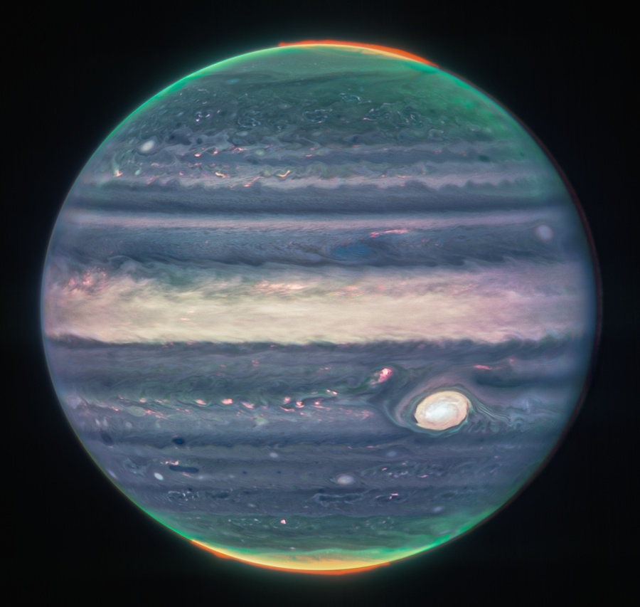  A detailed photo of Jupiter showcases its auroras and hazes.