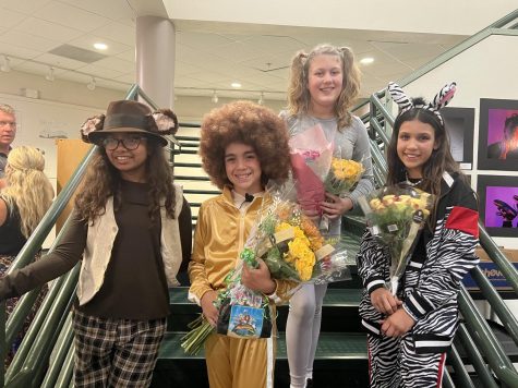 Maahi Shah, Alejandro Bick, Lily Plummer, and Lillian Gerling posing after their first performance of Madagascar Jr. 