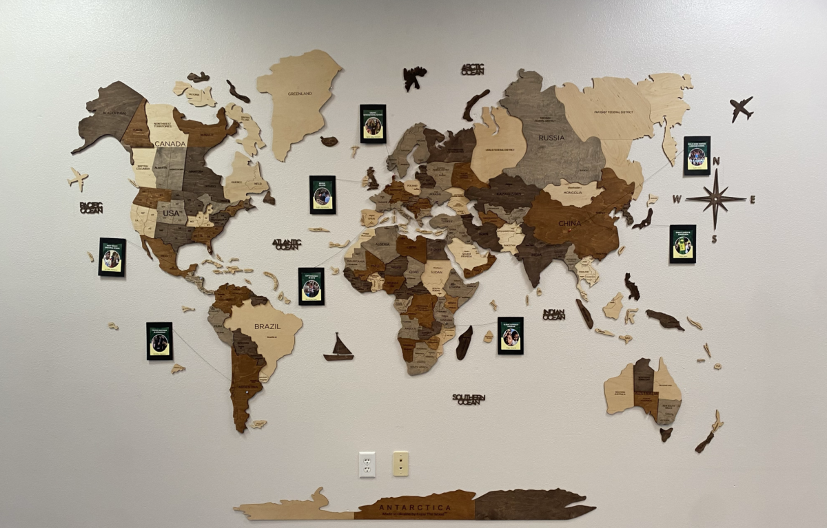 The new world map in the center of the Intermediate School commons.