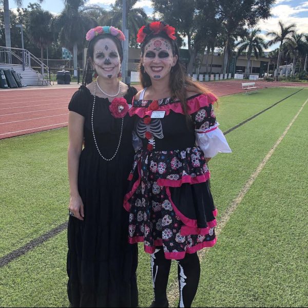 La Catrina is a cultural icon in Mexico and other countries. Pictured are Mrs. Galligan, and Mrs. Oller dressed as La Catrina.