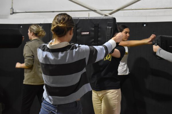 Seniors Madelyn Cox and Samantha Mascera practice their self-defense punches. 