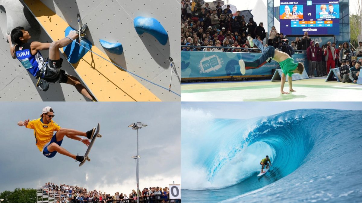Four new sports will make their debut at the 2024 Olympics: Skateboarding, Surfing, Breakdancing, sport-climbing.  Collage of photos created from Creative Commons. 